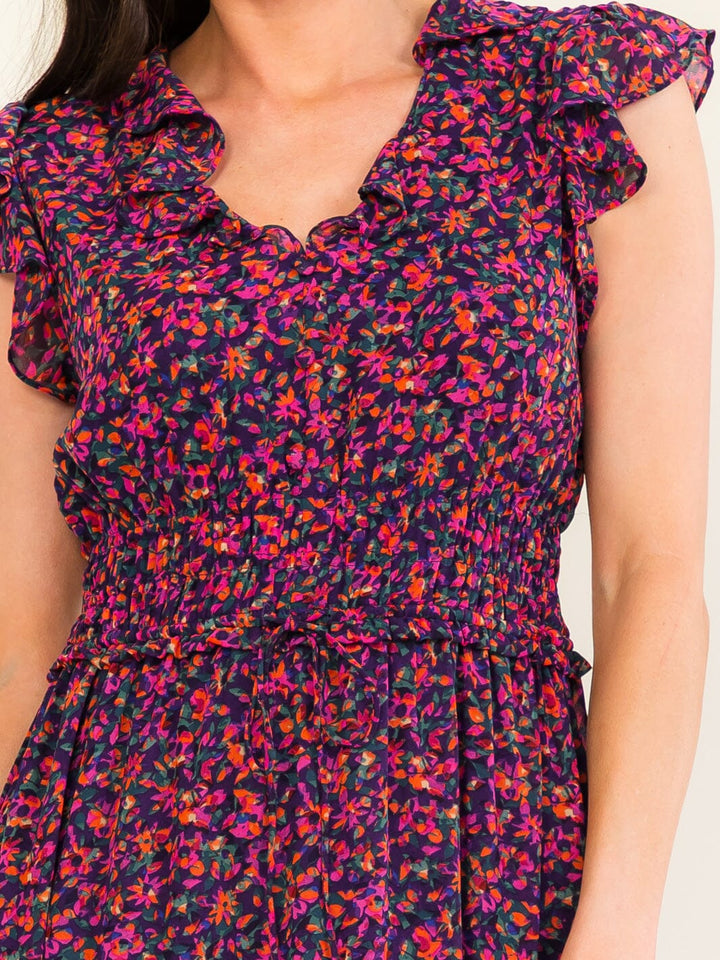 ENTRO WOMEN'S SHORT SLEEVE V-NECK SMOCK FLORAL PRINT MIDI DRESS