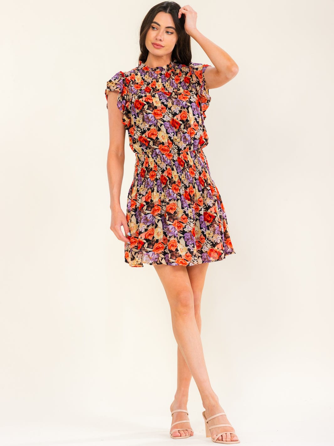 ENTRO WOMEN'S SHORT SLEEVE SMOCK FLORAL PRINT MINI DRESS