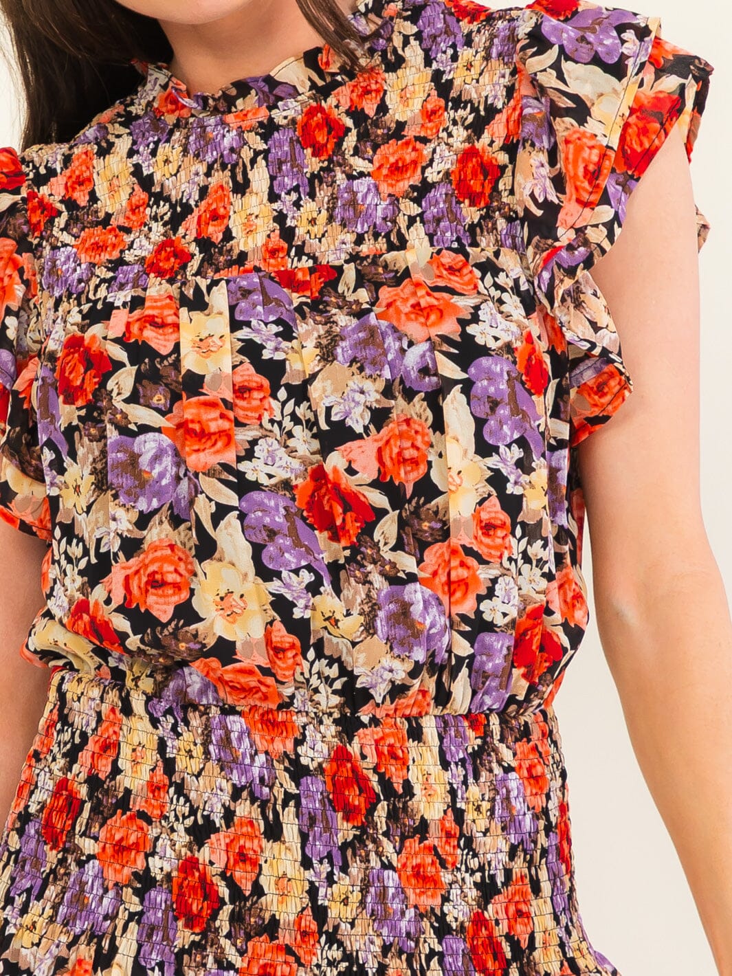 ENTRO WOMEN'S SHORT SLEEVE SMOCK FLORAL PRINT MINI DRESS