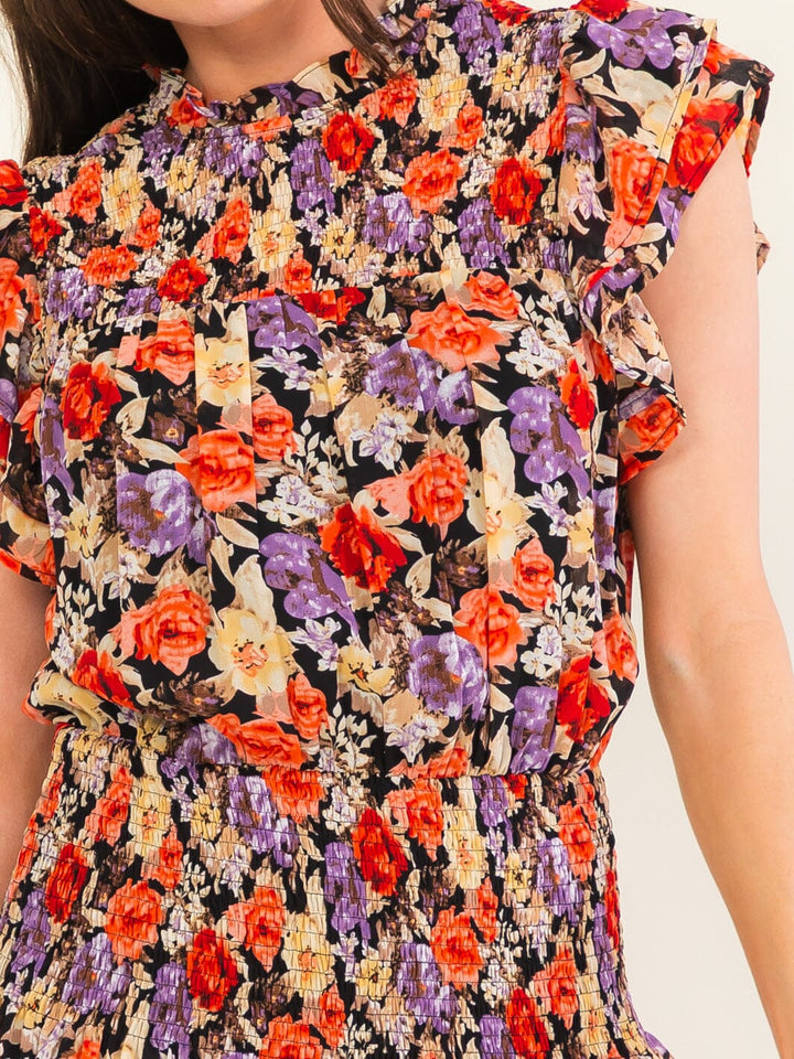 ENTRO WOMEN'S SHORT SLEEVE SMOCK FLORAL PRINT MINI DRESS