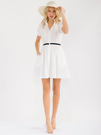 WOMEN'S SHORT SLEEVE ZIPPER CLOSURE FRONT POCKETS ELASTIC WAIST MINI DRESS