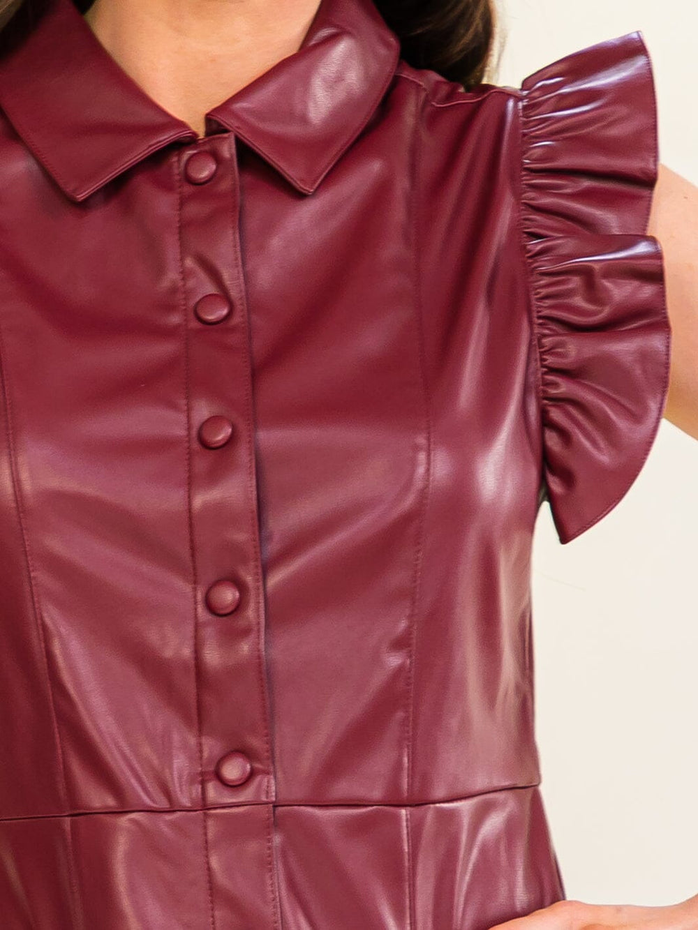 ENTRO WOMEN'S SHORT RUFFLE SLEEVEBUTTON UP PU PLEATHER MINI DRESS