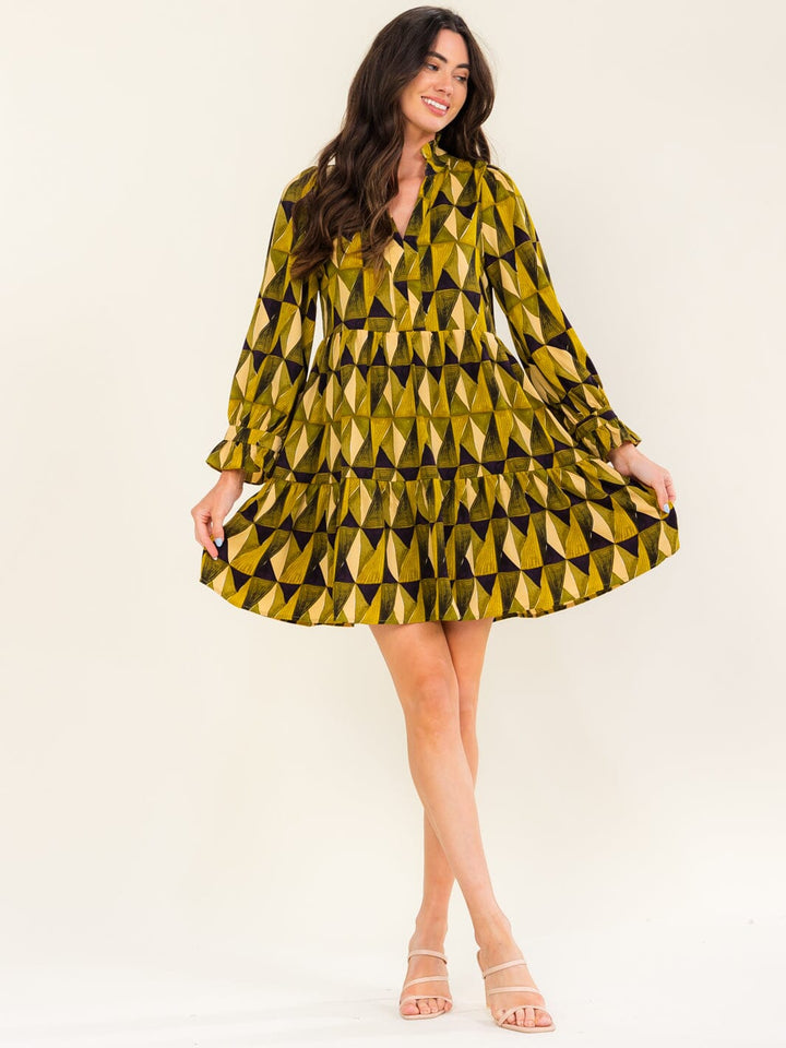 ENTRO WOMEN'S LONG SLEEVE V-NECK MULTI PRINT MINI DRESS