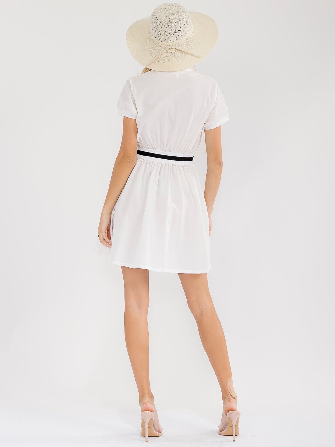 WOMEN'S SHORT SLEEVE ZIPPER CLOSURE FRONT POCKETS ELASTIC WAIST MINI DRESS