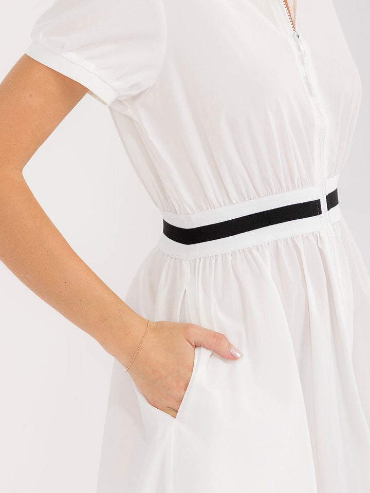WOMEN'S SHORT SLEEVE ZIPPER CLOSURE FRONT POCKETS ELASTIC WAIST MINI DRESS