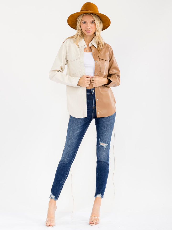 WOMEN'S LONG SLEEVE BUTTON CLOSURE POCKETS TWO TONE PU PLEATHER JACKET
