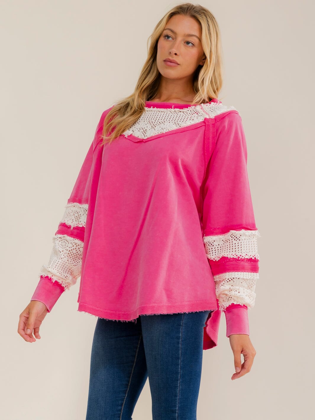 WOMEN'S LONG SLEEVE LOOSE FIT LACE WASHED CONTRAST TOP