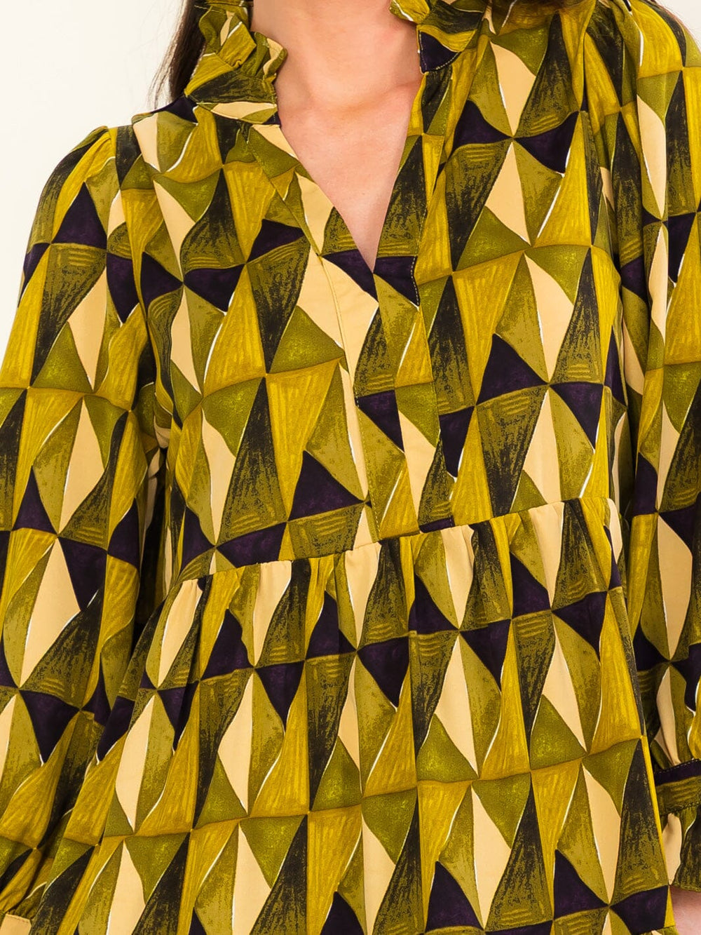 ENTRO WOMEN'S LONG SLEEVE V-NECK MULTI PRINT MINI DRESS