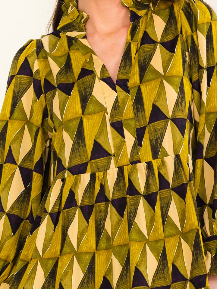 ENTRO WOMEN'S LONG SLEEVE V-NECK MULTI PRINT MINI DRESS
