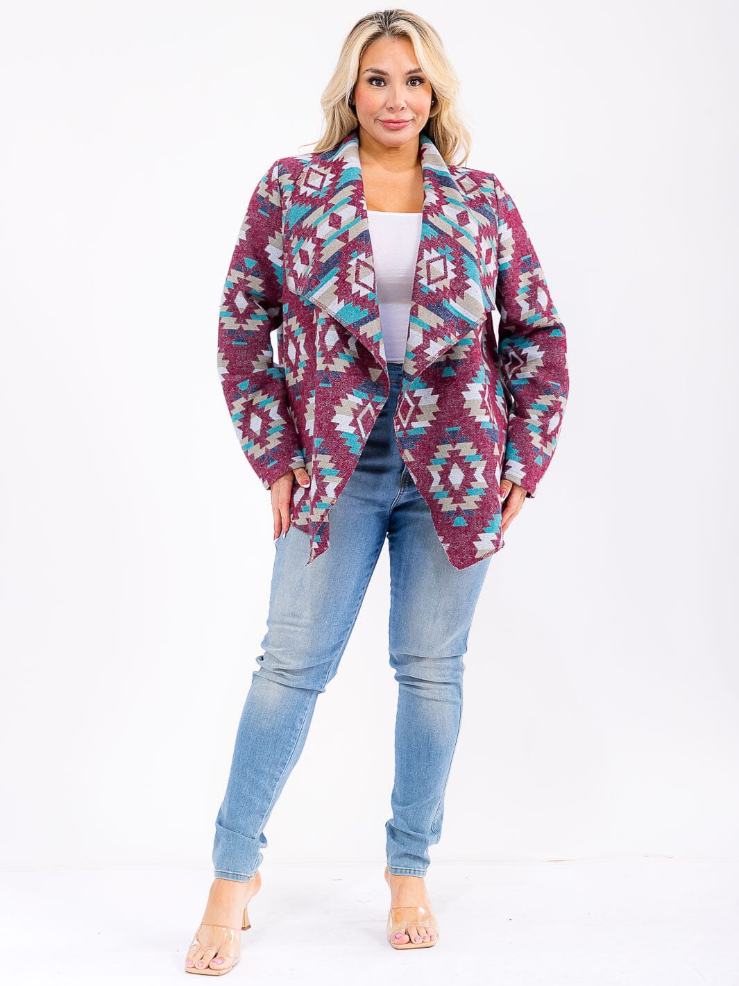 PLUS SIZE LONG SLEEVE OPEN FRONT MULTI PRINT CARDIGAN