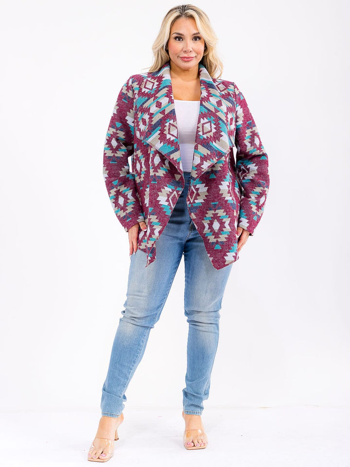 PLUS SIZE LONG SLEEVE OPEN FRONT MULTI PRINT CARDIGAN