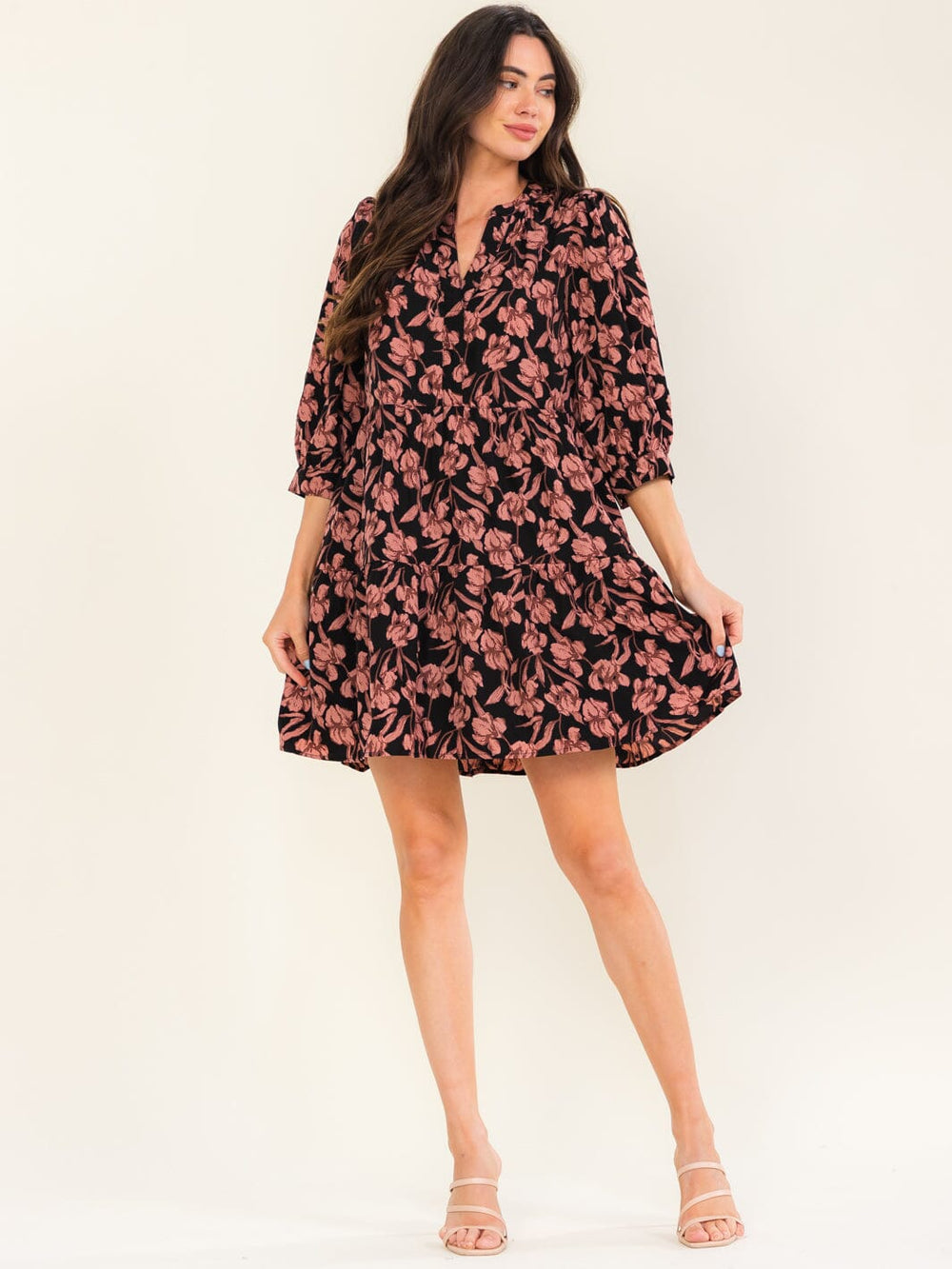 ENTRO WOMEN'S LONG SLEEVE V-NECK FLORAL PRINT MINI DRESS