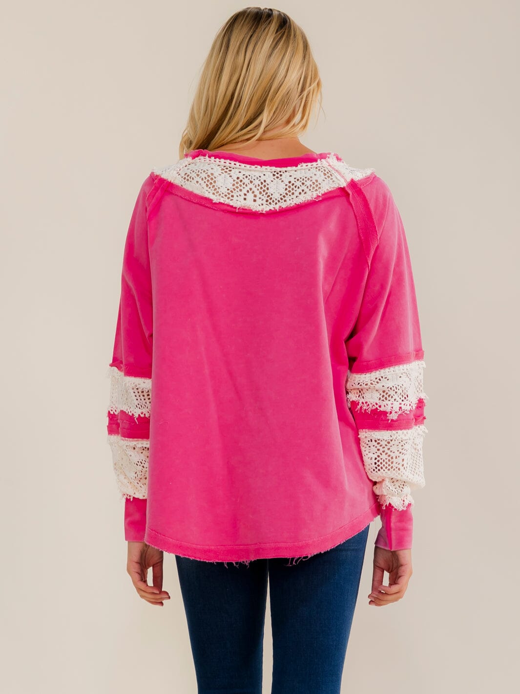 WOMEN'S LONG SLEEVE LOOSE FIT LACE WASHED CONTRAST TOP