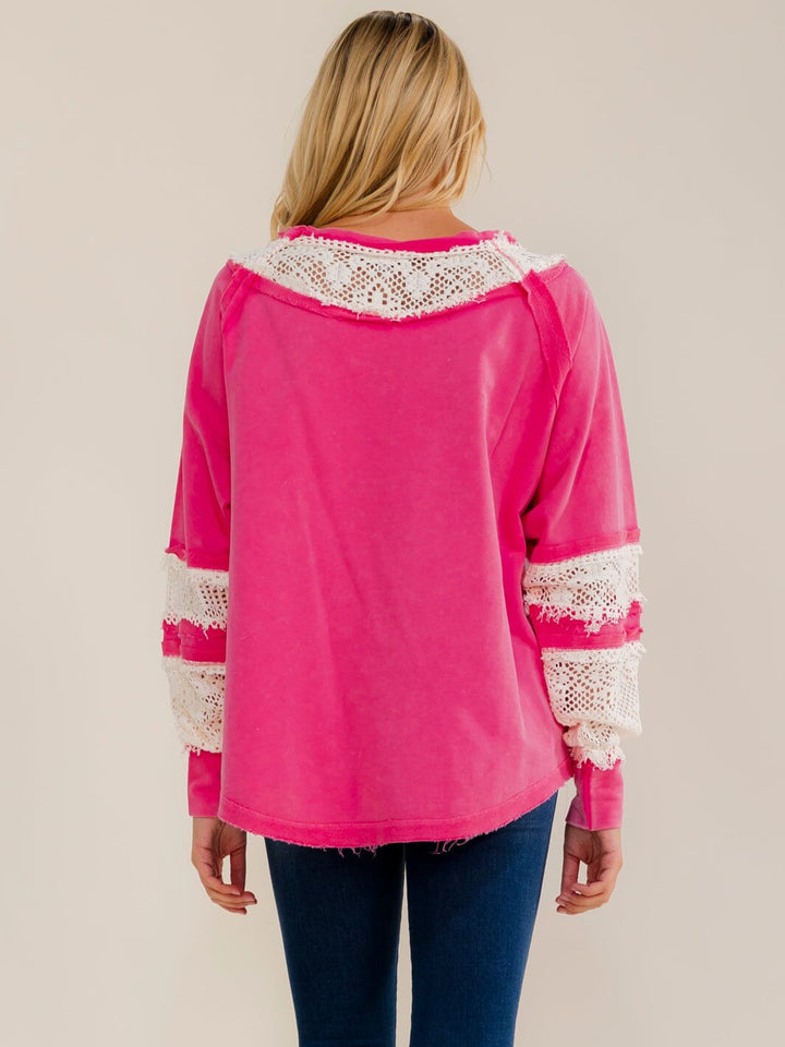 WOMEN'S LONG SLEEVE LOOSE FIT LACE WASHED CONTRAST TOP