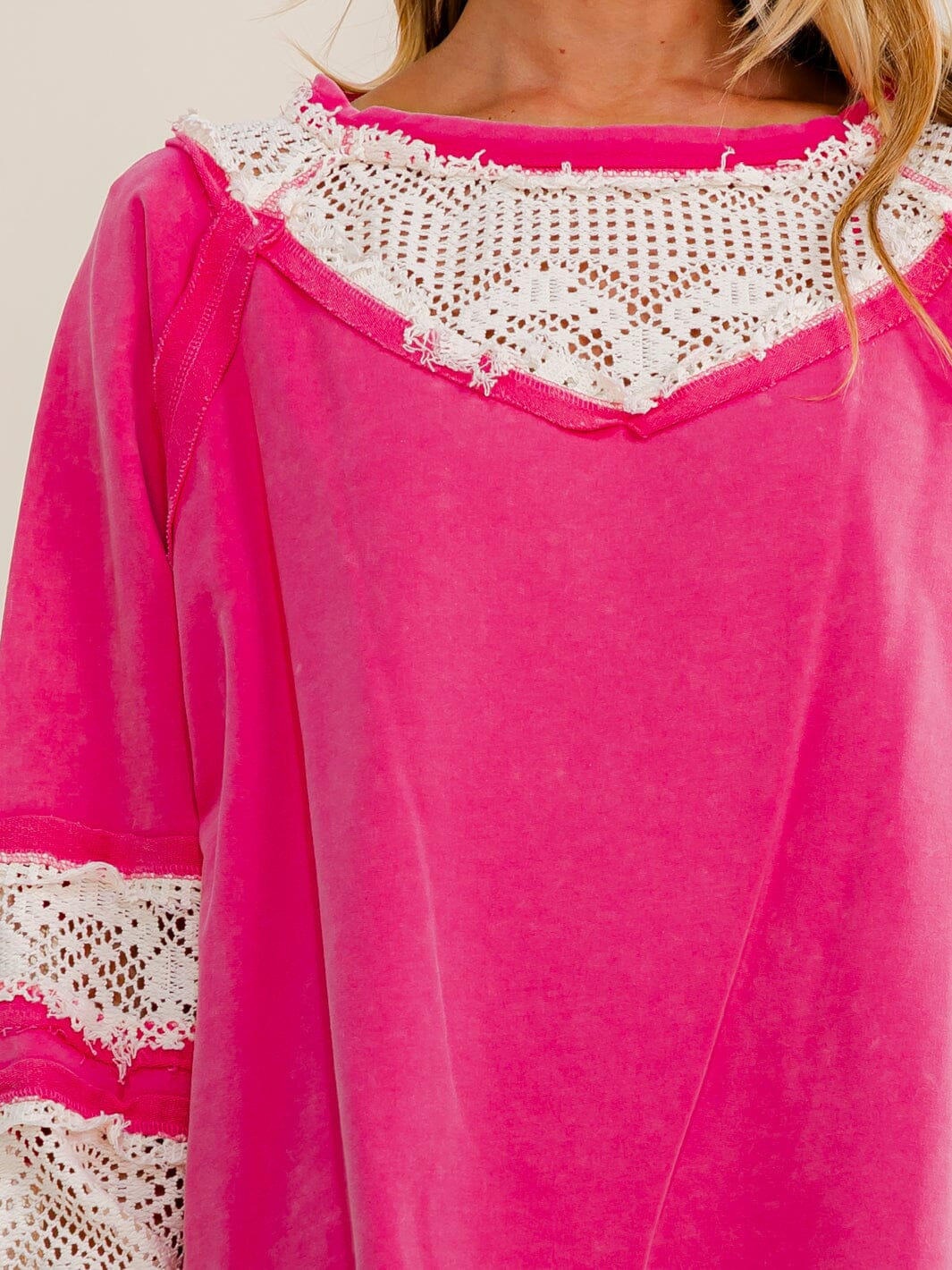 WOMEN'S LONG SLEEVE LOOSE FIT LACE WASHED CONTRAST TOP