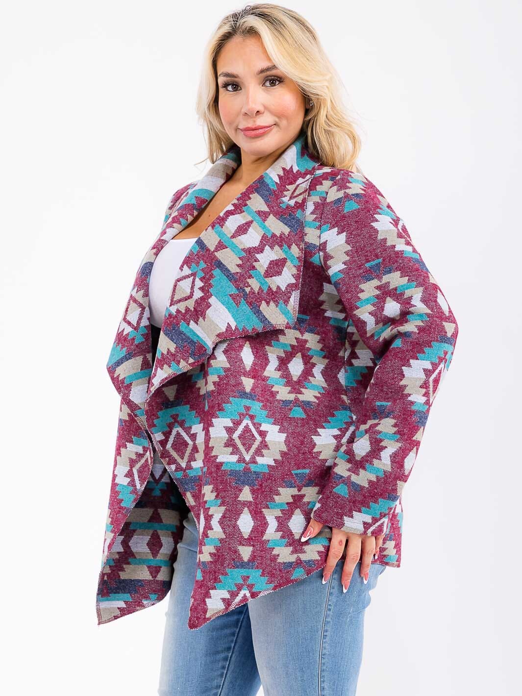 PLUS SIZE LONG SLEEVE OPEN FRONT MULTI PRINT CARDIGAN