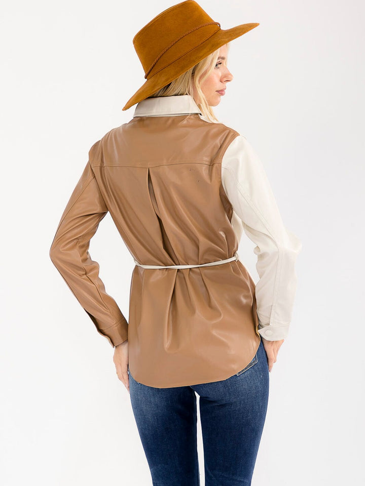 WOMEN'S LONG SLEEVE BUTTON CLOSURE POCKETS TWO TONE PU PLEATHER JACKET