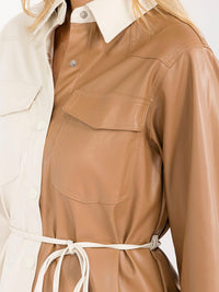 WOMEN'S LONG SLEEVE BUTTON CLOSURE POCKETS TWO TONE PU PLEATHER JACKET