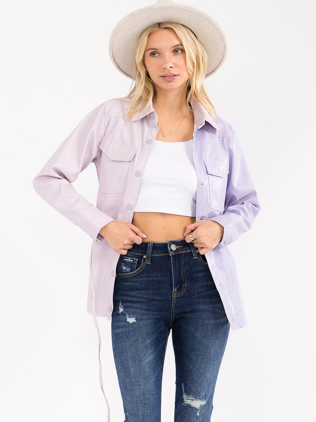 WOMEN'S LONG SLEEVE BUTTON CLOSURE POCKETS TWO TONE PU PLEATHER JACKET