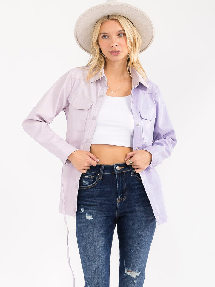 WOMEN'S LONG SLEEVE BUTTON CLOSURE POCKETS TWO TONE PU PLEATHER JACKET