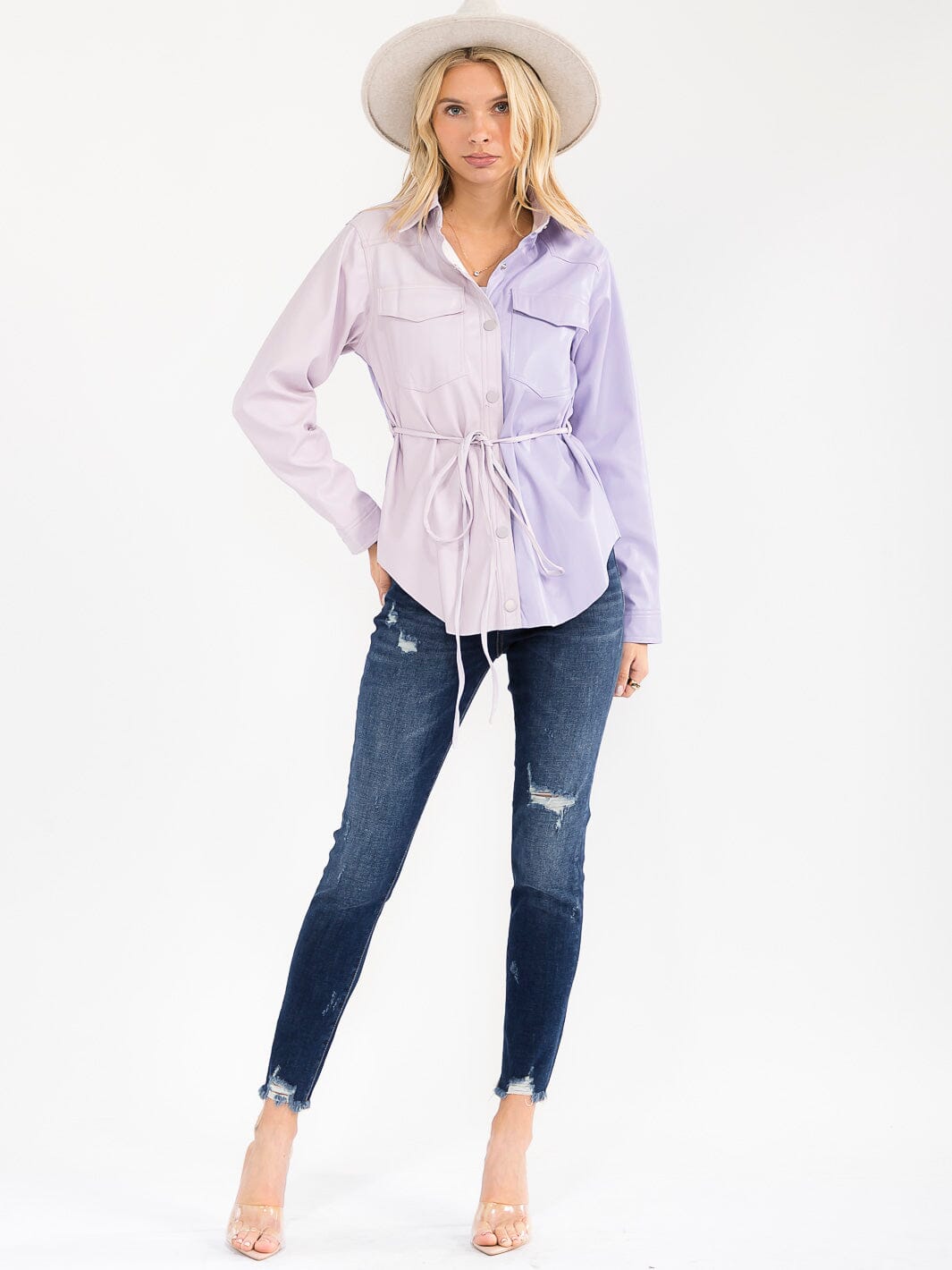 WOMEN'S LONG SLEEVE BUTTON CLOSURE POCKETS TWO TONE PU PLEATHER JACKET