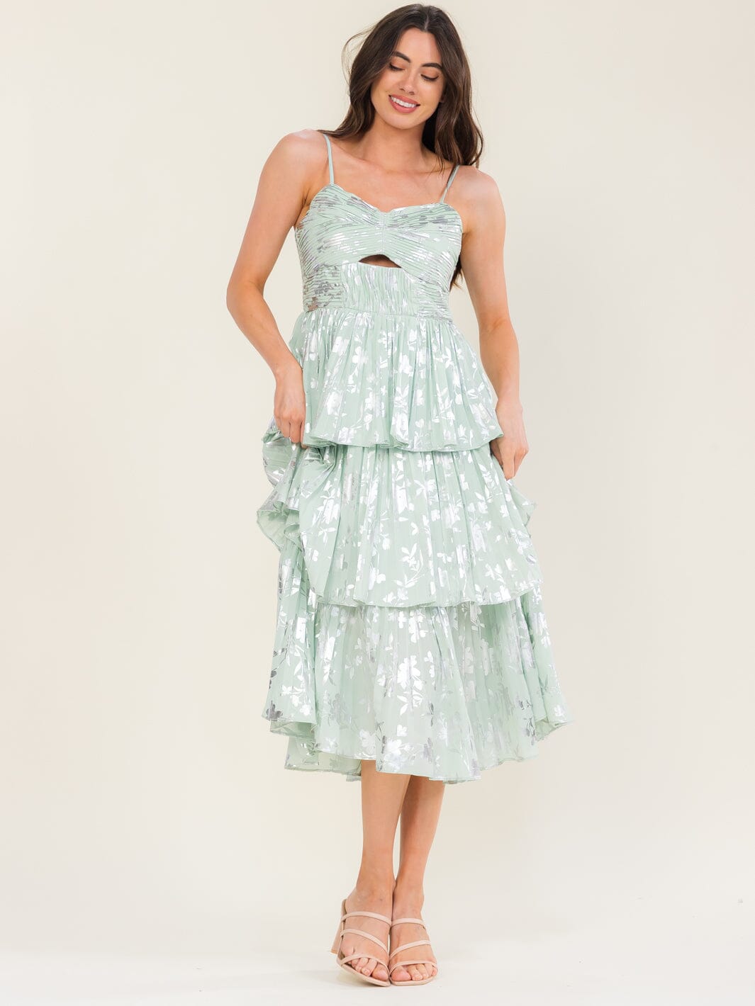 BEULAH WOMEN'S SLEEVELESS CUT OUT RUFFLE TIERED FLORAL PRINT MAXI DRESS