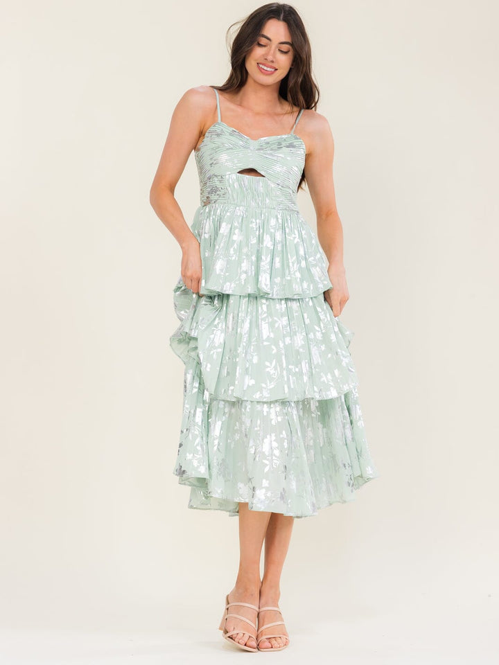 BEULAH WOMEN'S SLEEVELESS CUT OUT RUFFLE TIERED FLORAL PRINT MAXI DRESS