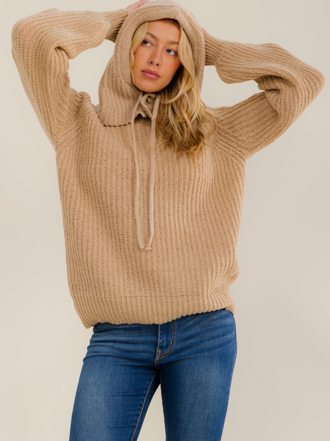 WOMEN'S LONG SLEEVE HOODED KNIT PULLOVER SWEATER