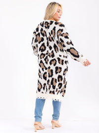 PLUS SIZE LONG SLEEVE OPEN FRONT POCKETS ANIMAL PRINT CARDIGAN