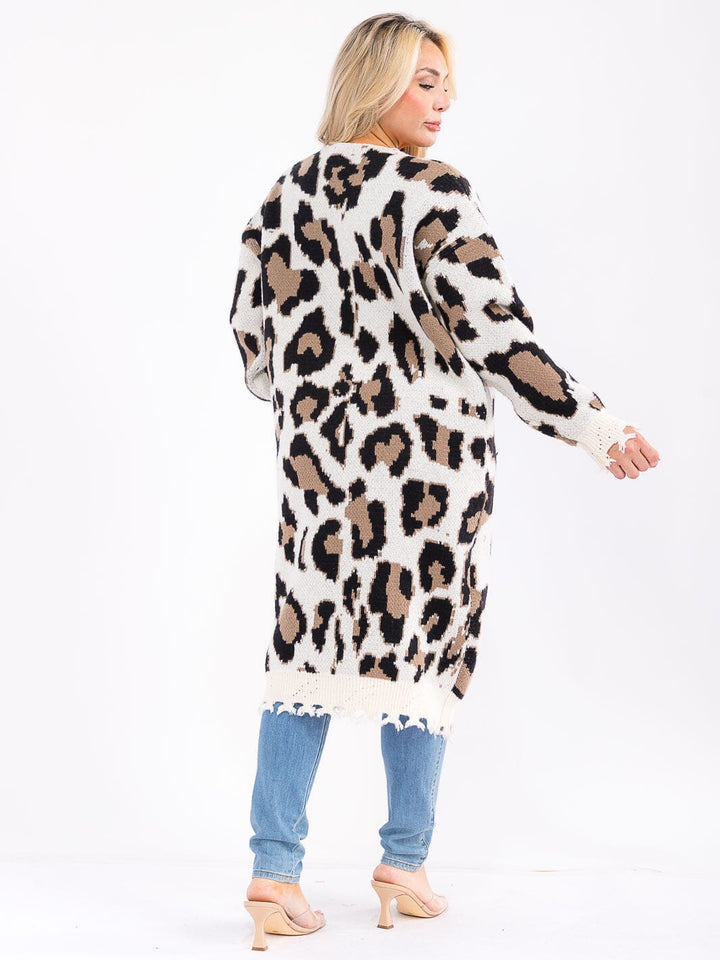 PLUS SIZE LONG SLEEVE OPEN FRONT POCKETS ANIMAL PRINT CARDIGAN