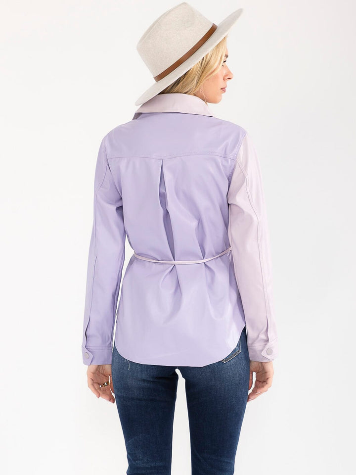 WOMEN'S LONG SLEEVE BUTTON CLOSURE POCKETS TWO TONE PU PLEATHER JACKET