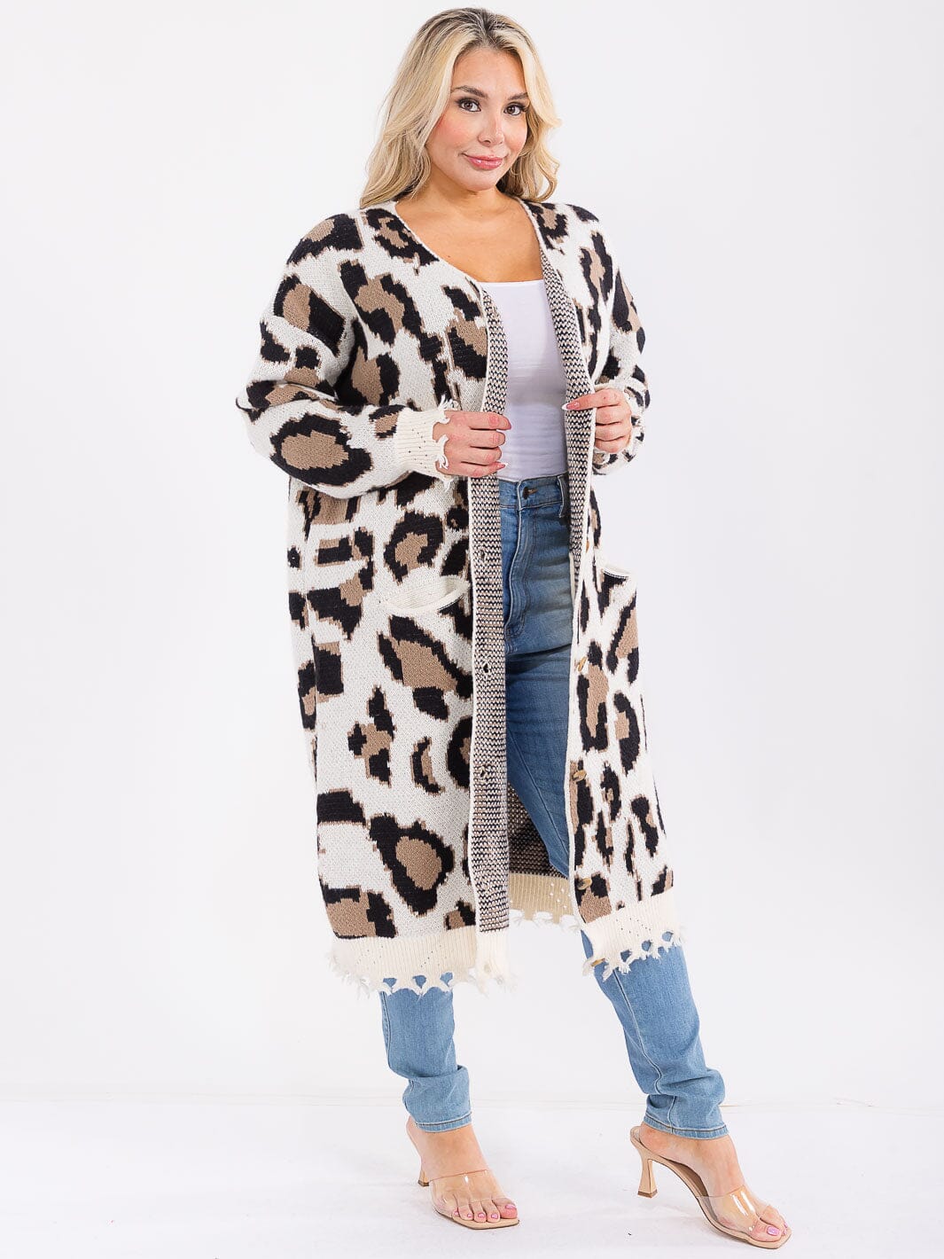 PLUS SIZE LONG SLEEVE OPEN FRONT POCKETS ANIMAL PRINT CARDIGAN