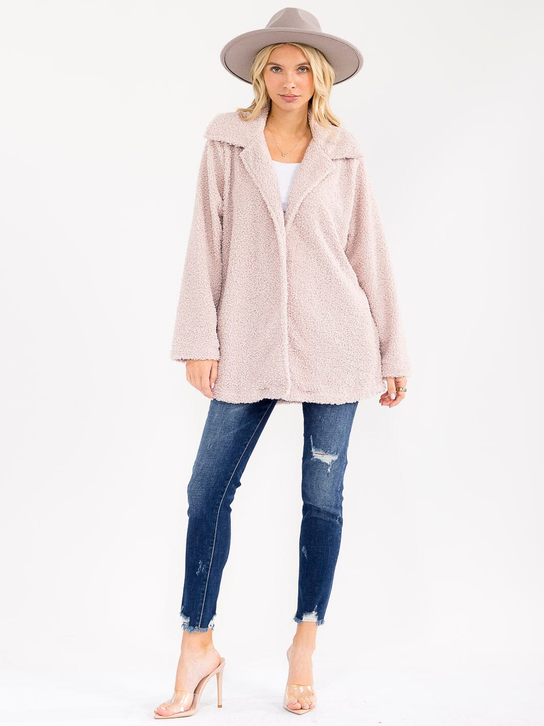 WOMEN'S LONG SLEEVE OPEN FRONT POCKETS SHERPA JACKET