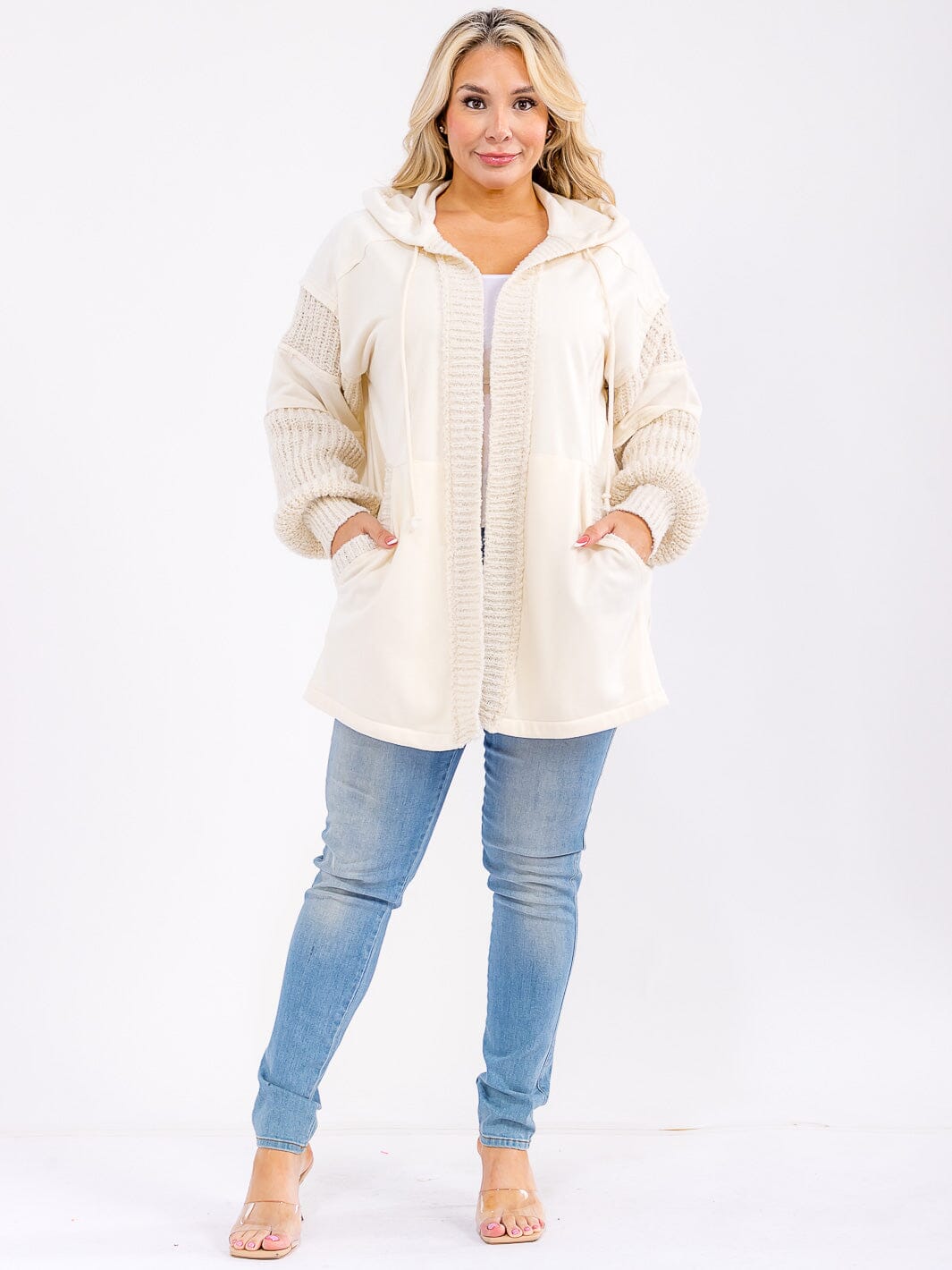 PLUS SIZE LONG SLEEVE OPEN FRONT POCKETS HOODED CARDIGAN
