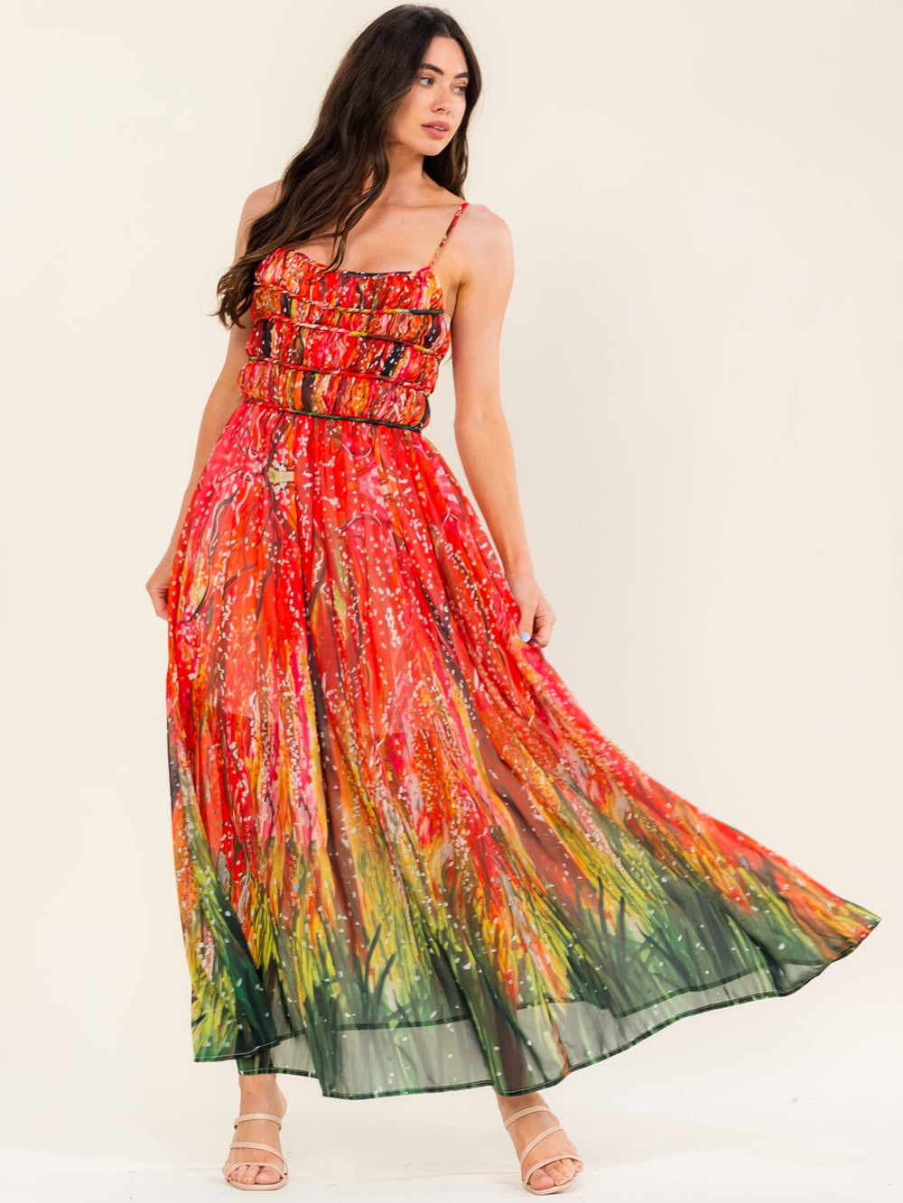BEULAH WOMEN'S SLEEVELESS RUCHED MULTI PRINT MAXI DRESS