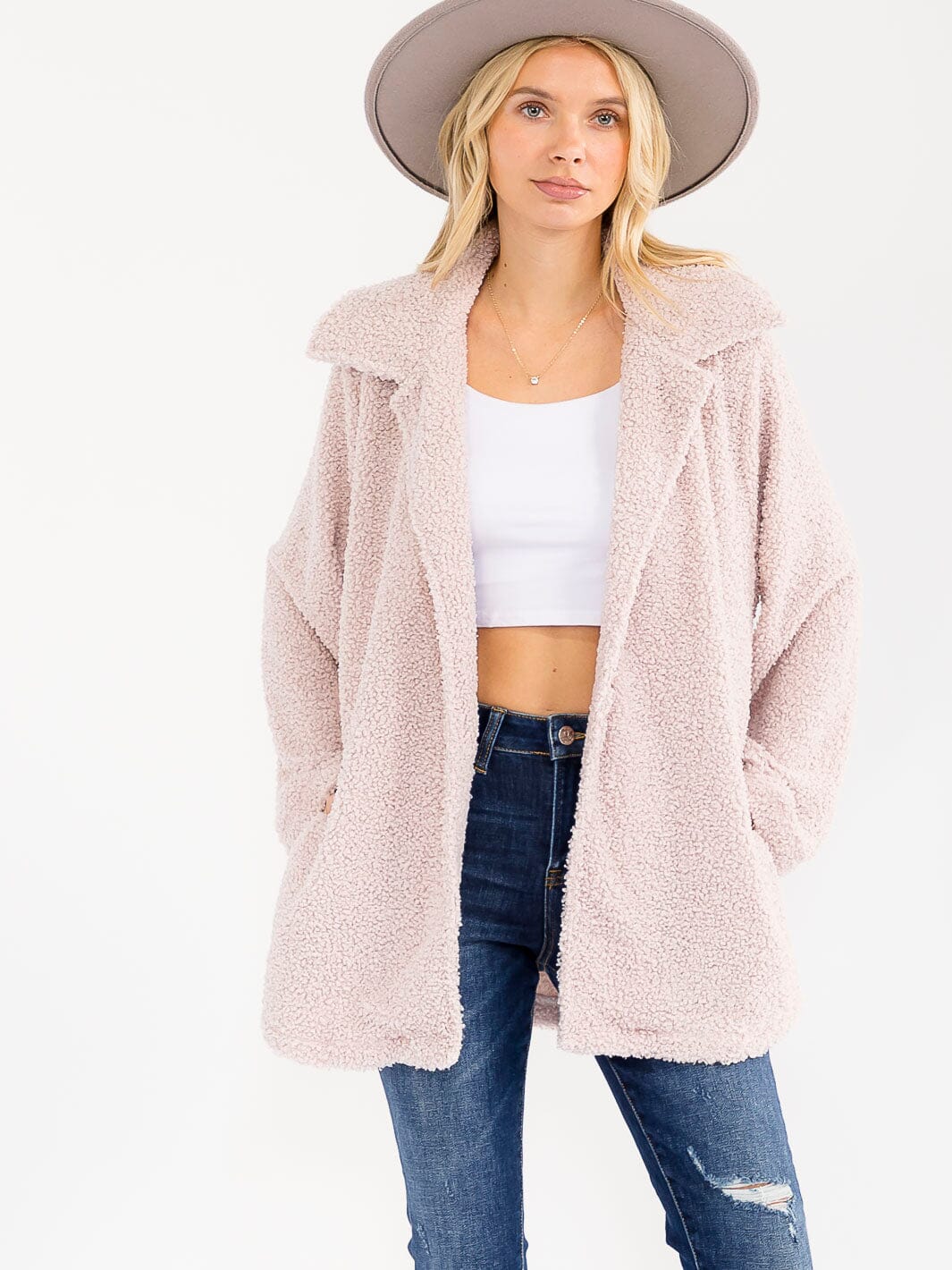 WOMEN'S LONG SLEEVE OPEN FRONT POCKETS SHERPA JACKET