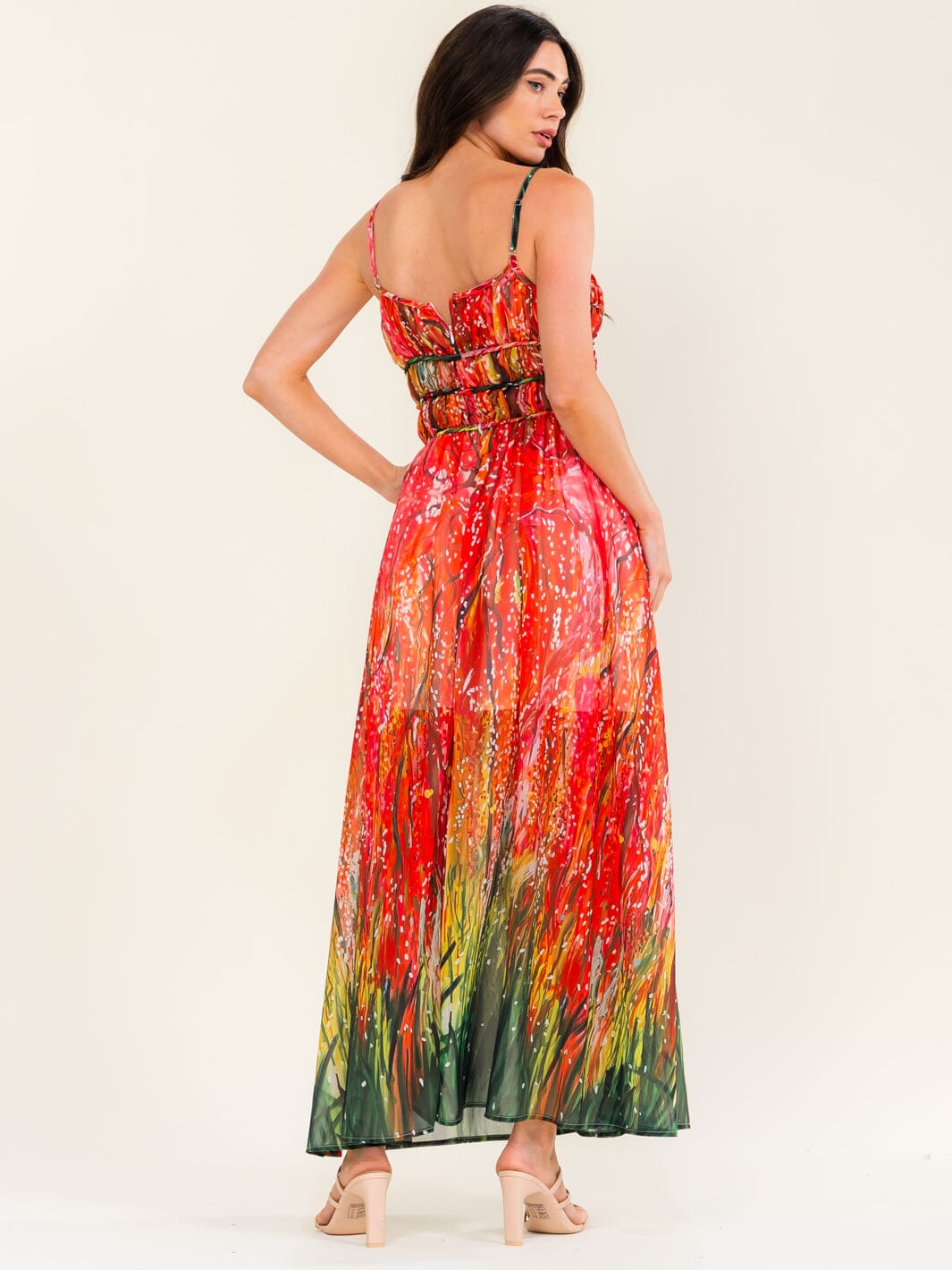 BEULAH WOMEN'S SLEEVELESS RUCHED MULTI PRINT MAXI DRESS