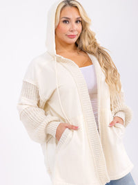 PLUS SIZE LONG SLEEVE OPEN FRONT POCKETS HOODED CARDIGAN