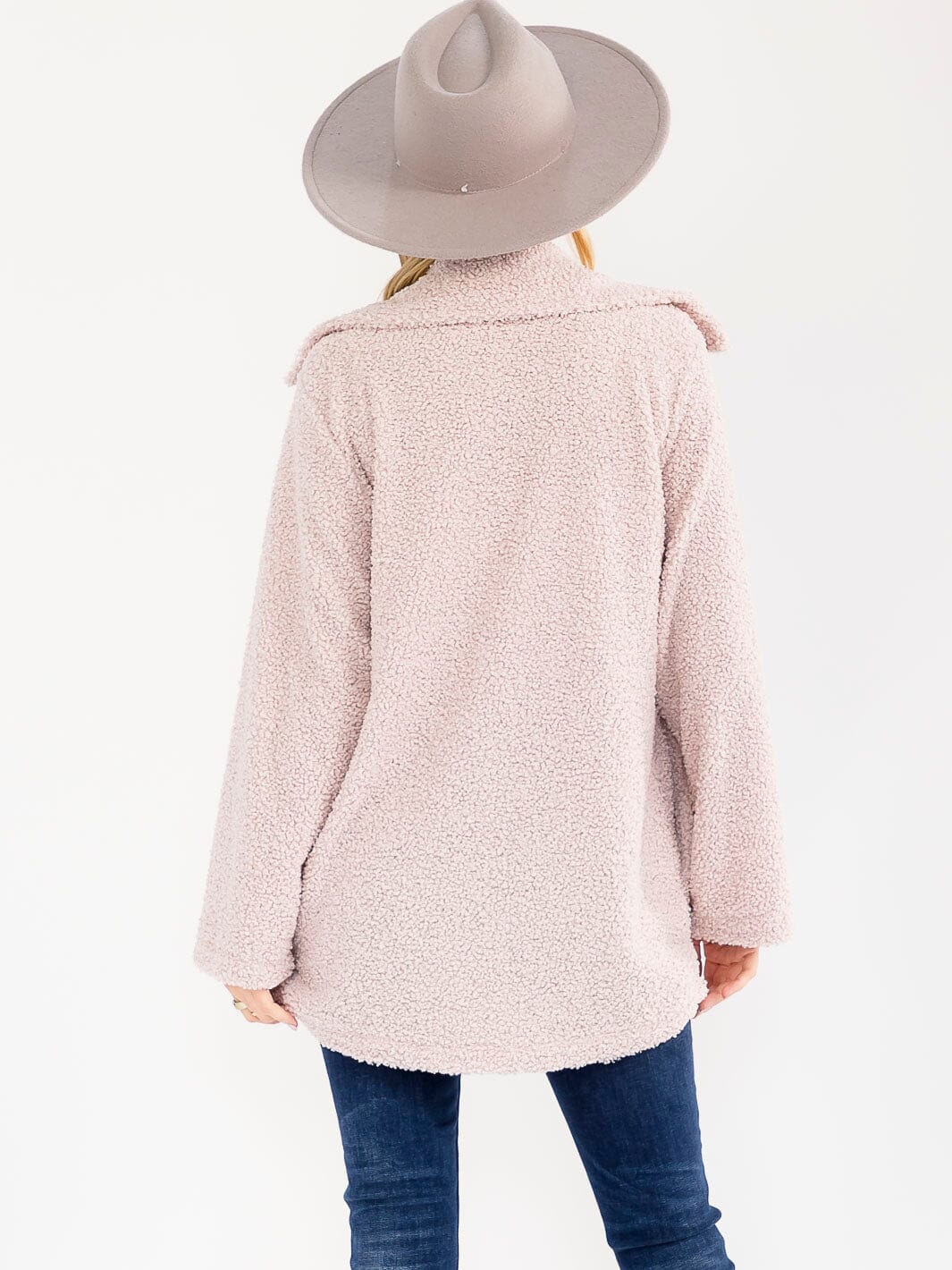 WOMEN'S LONG SLEEVE OPEN FRONT POCKETS SHERPA JACKET