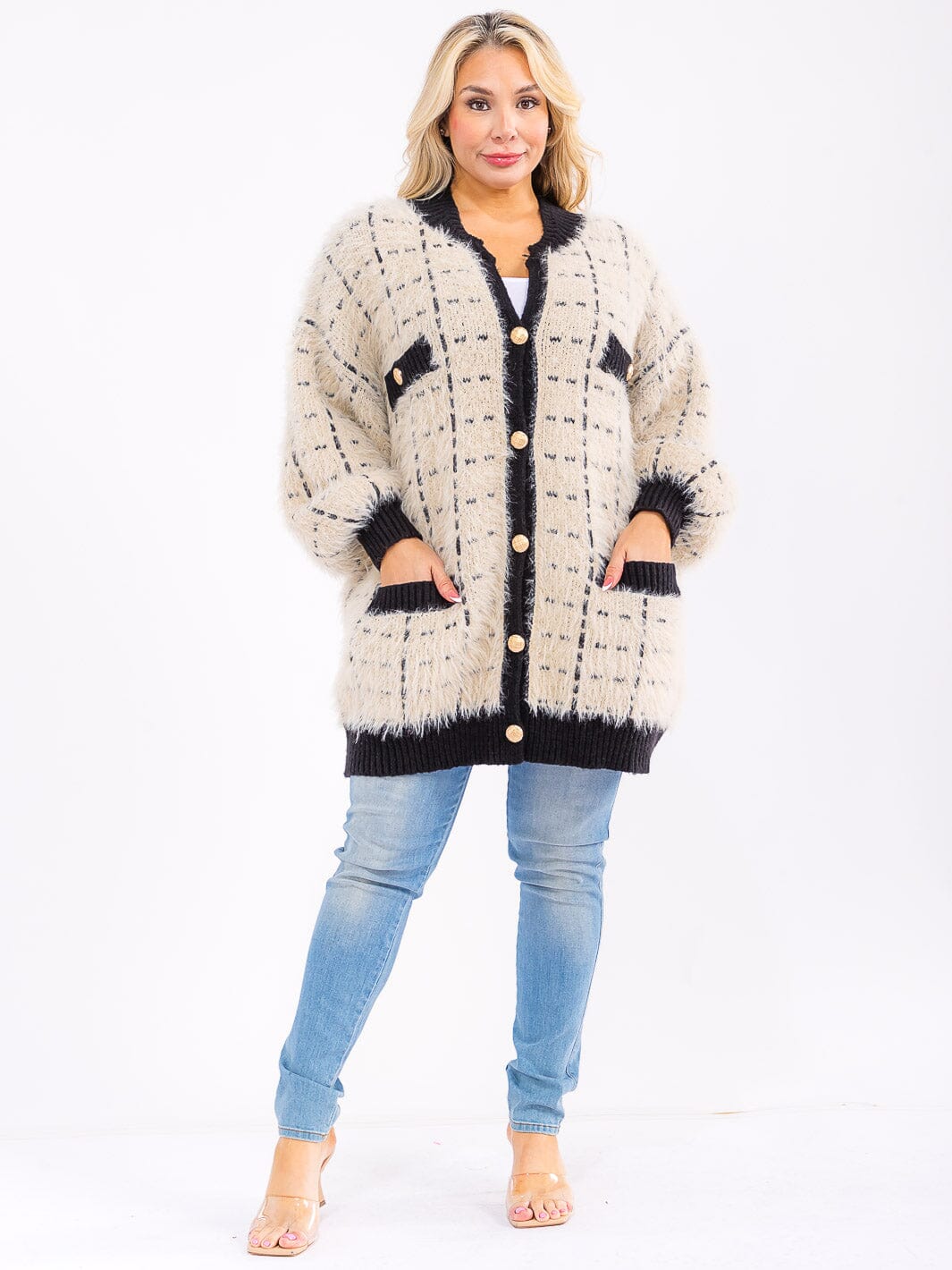 PLUS SIZE LONG SLEEVE BUTTON CLOSURE FRONT POCKETS FUZZY CARDIGAN