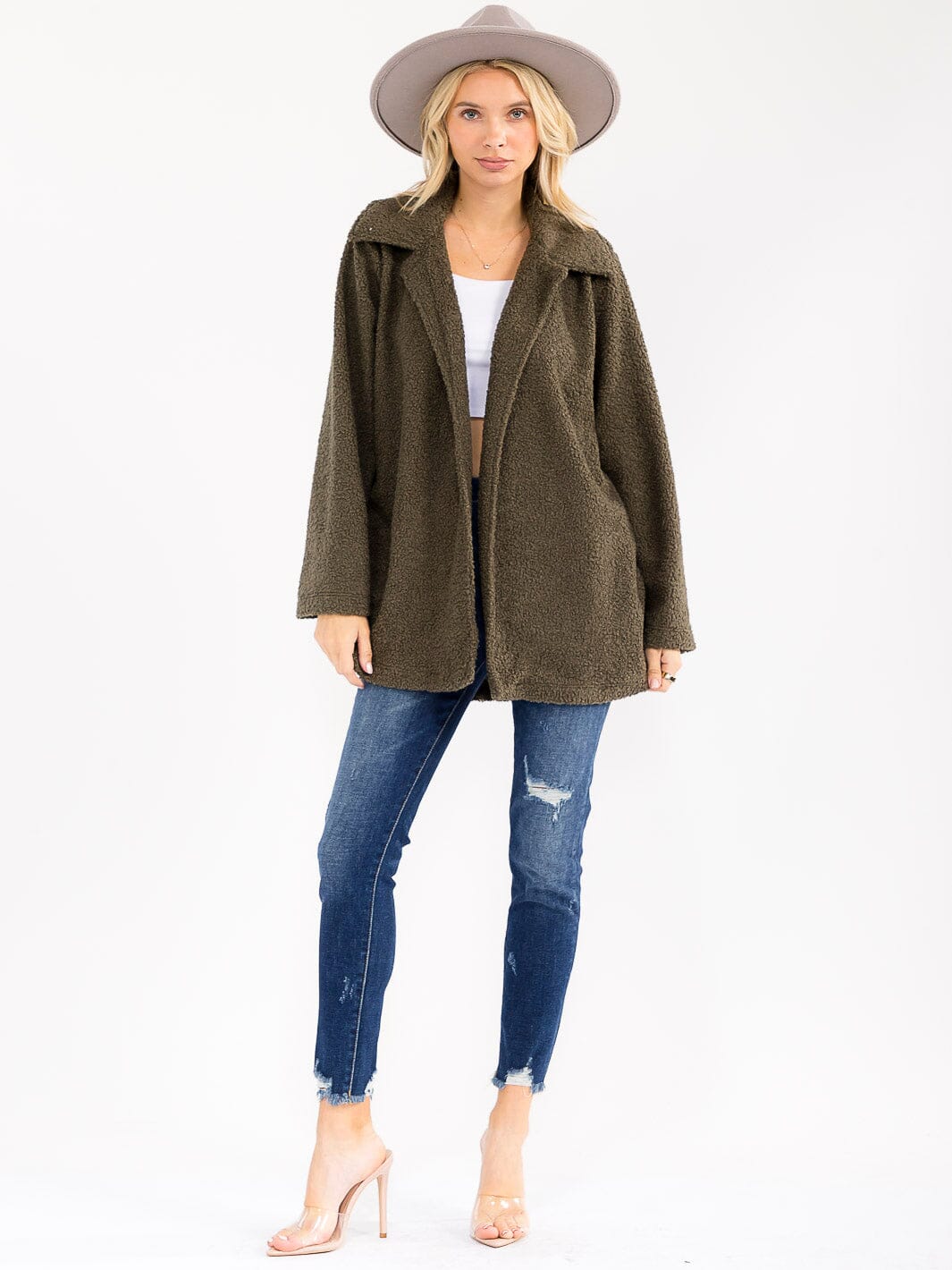 WOMEN'S LONG SLEEVE OPEN FRONT POCKETS SHERPA JACKET