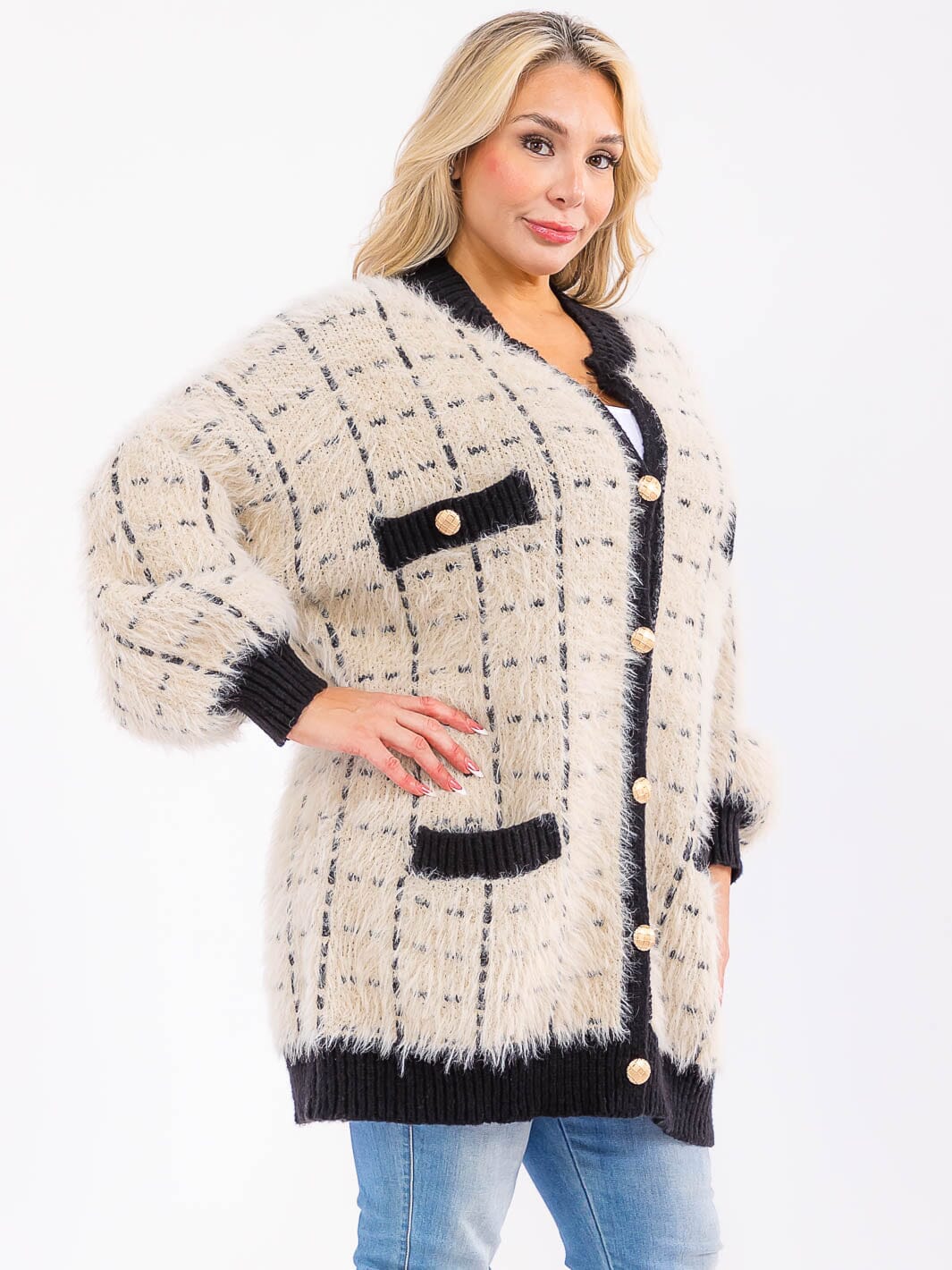 PLUS SIZE LONG SLEEVE BUTTON CLOSURE FRONT POCKETS FUZZY CARDIGAN