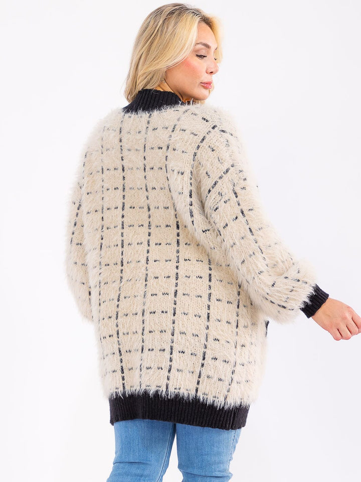 PLUS SIZE LONG SLEEVE BUTTON CLOSURE FRONT POCKETS FUZZY CARDIGAN