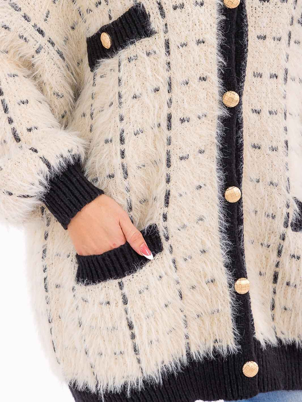 PLUS SIZE LONG SLEEVE BUTTON CLOSURE FRONT POCKETS FUZZY CARDIGAN