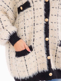 PLUS SIZE LONG SLEEVE BUTTON CLOSURE FRONT POCKETS FUZZY CARDIGAN