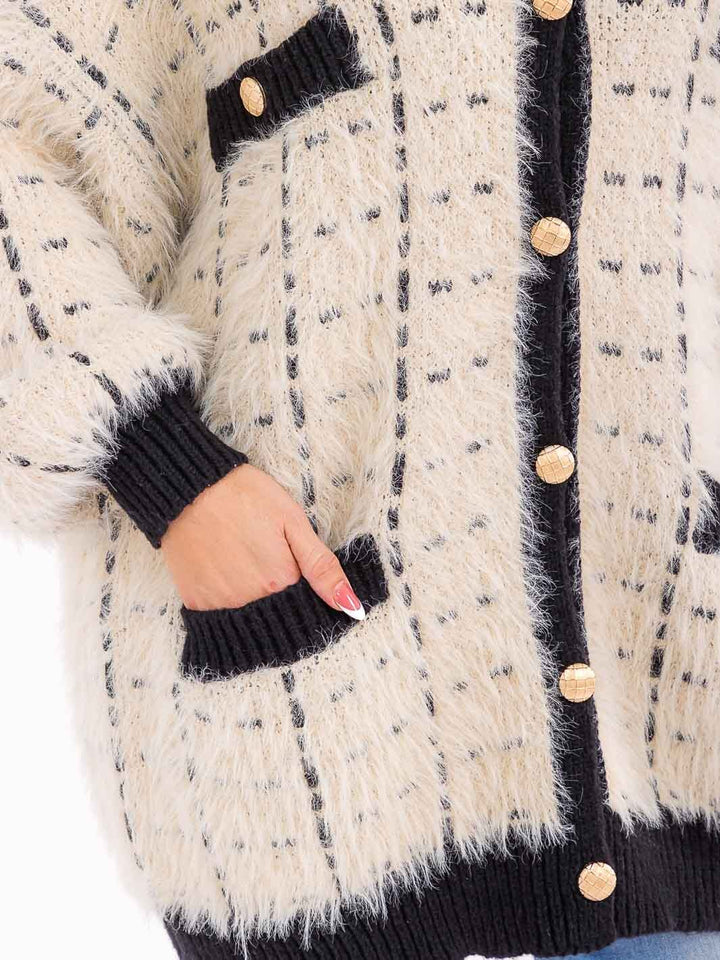 PLUS SIZE LONG SLEEVE BUTTON CLOSURE FRONT POCKETS FUZZY CARDIGAN