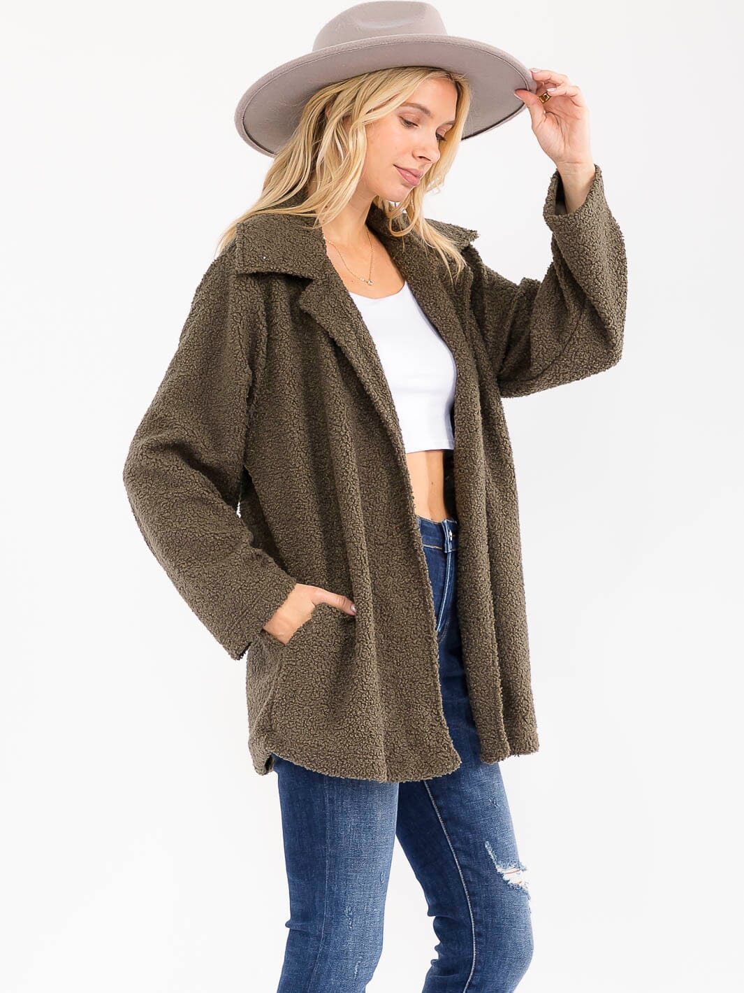 WOMEN'S LONG SLEEVE OPEN FRONT POCKETS SHERPA JACKET