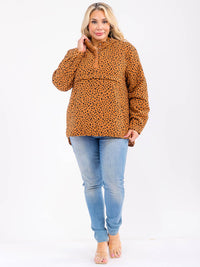 PLUS SIZE LONG SLEEVE BUTTON UP FRONT POCKETS HOODED ANIMAL PRINT PULLOVER SWEATER