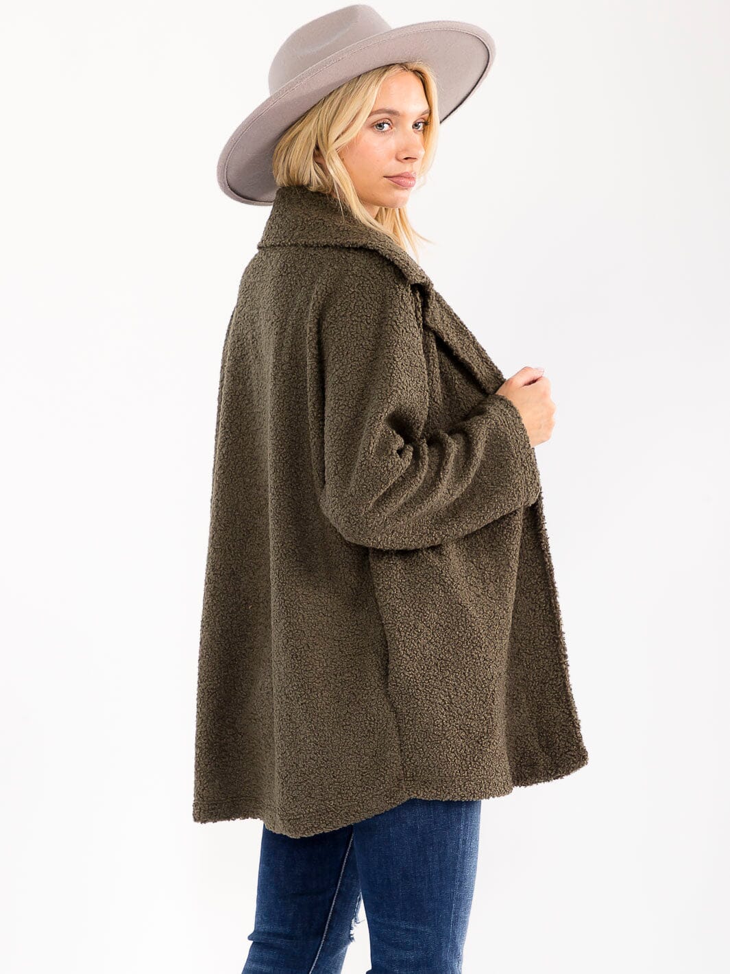 WOMEN'S LONG SLEEVE OPEN FRONT POCKETS SHERPA JACKET