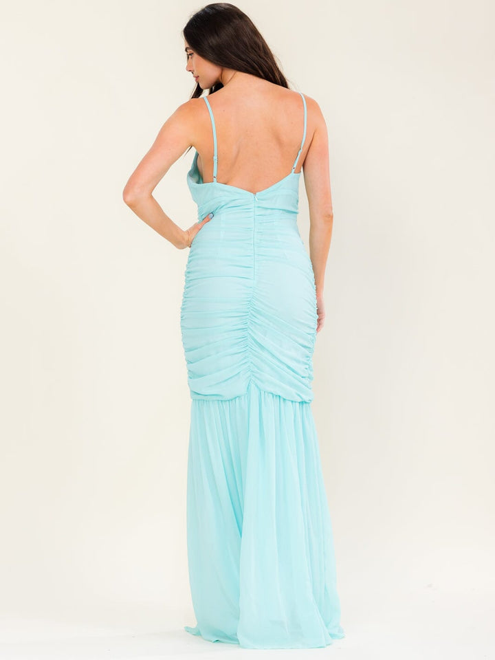 BEULAH WOMEN'S SLEEVELESS V-NECK SIDE SLIT OPEN BACK RUCHED MAXI DRESS